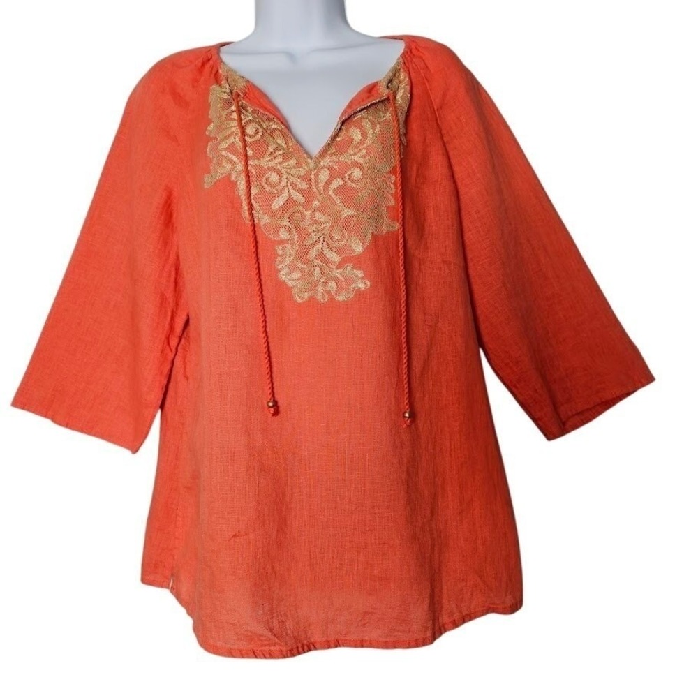 Chicos Womens Linen Embroidered Tunic Top 0 Coral Gold Boho Peasant Blouse